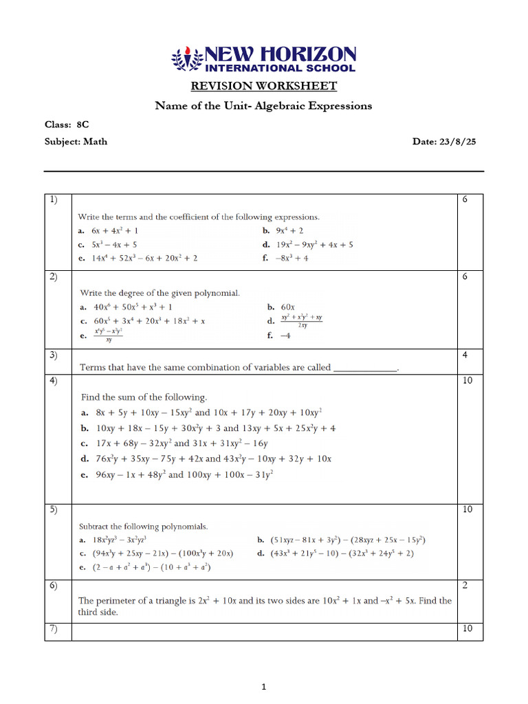 Algebraic Expressions Revision Worksheet | PDF