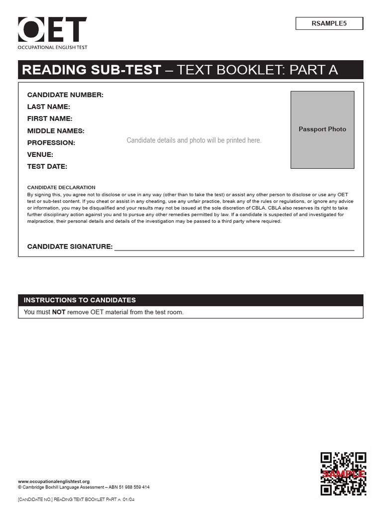 Reading Sub-Test: - Text Booklet: Part A | PDF | Medical Record ...
