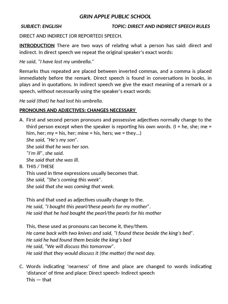 Direct and Indirect Speech Rules | PDF | Grammar | Languages