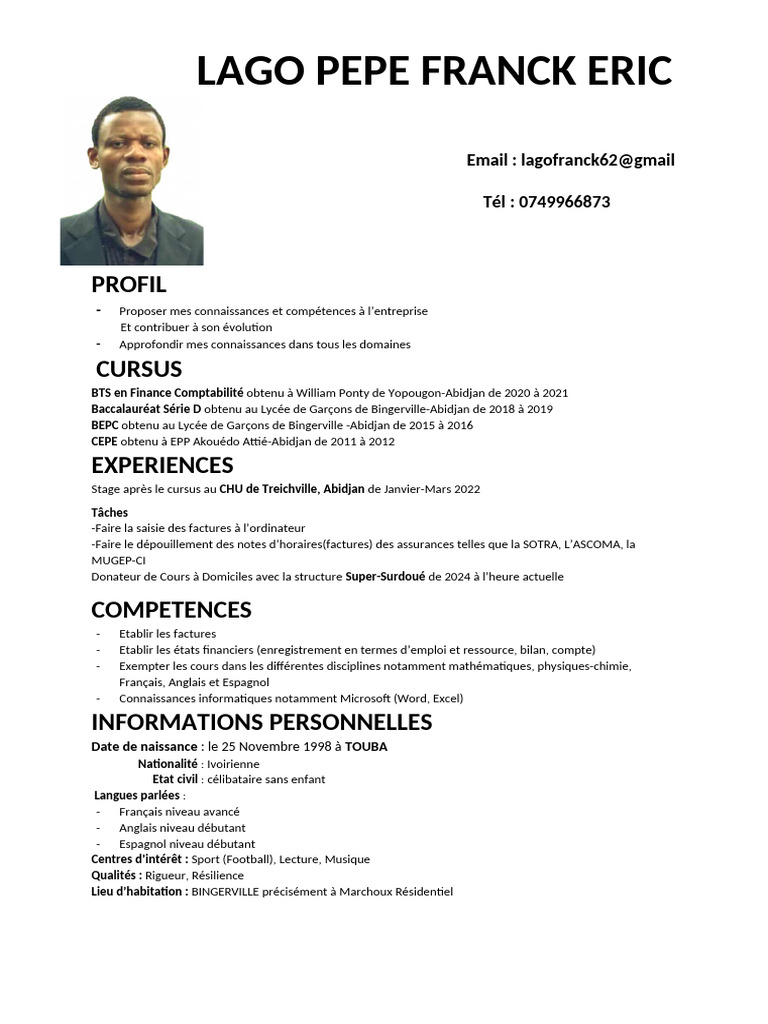 CV de Franck Eric Lago - Finance et Enseignement | PDF