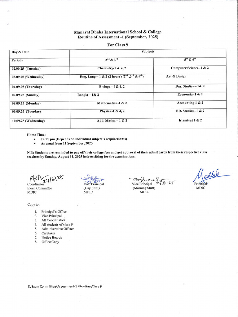 Routine For Assessment-1 For Class 9 | PDF