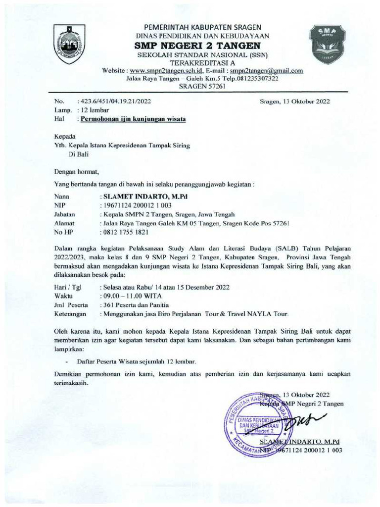 Permohonan Ijin Kunjungan Wisata | PDF