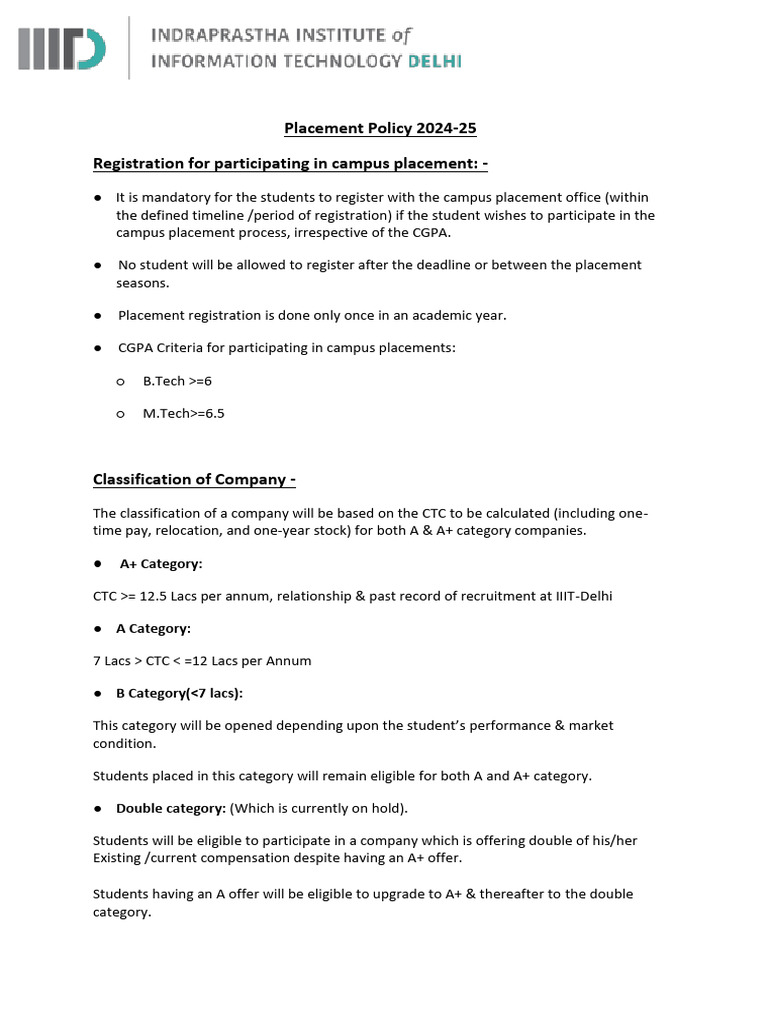 Campus Placement Policy 2024-25 | PDF