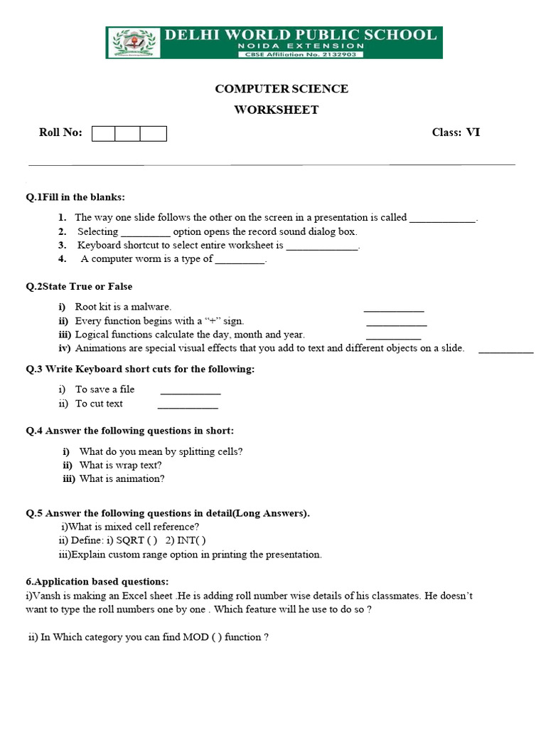 Computer Science Worksheet for Class VI | PDF