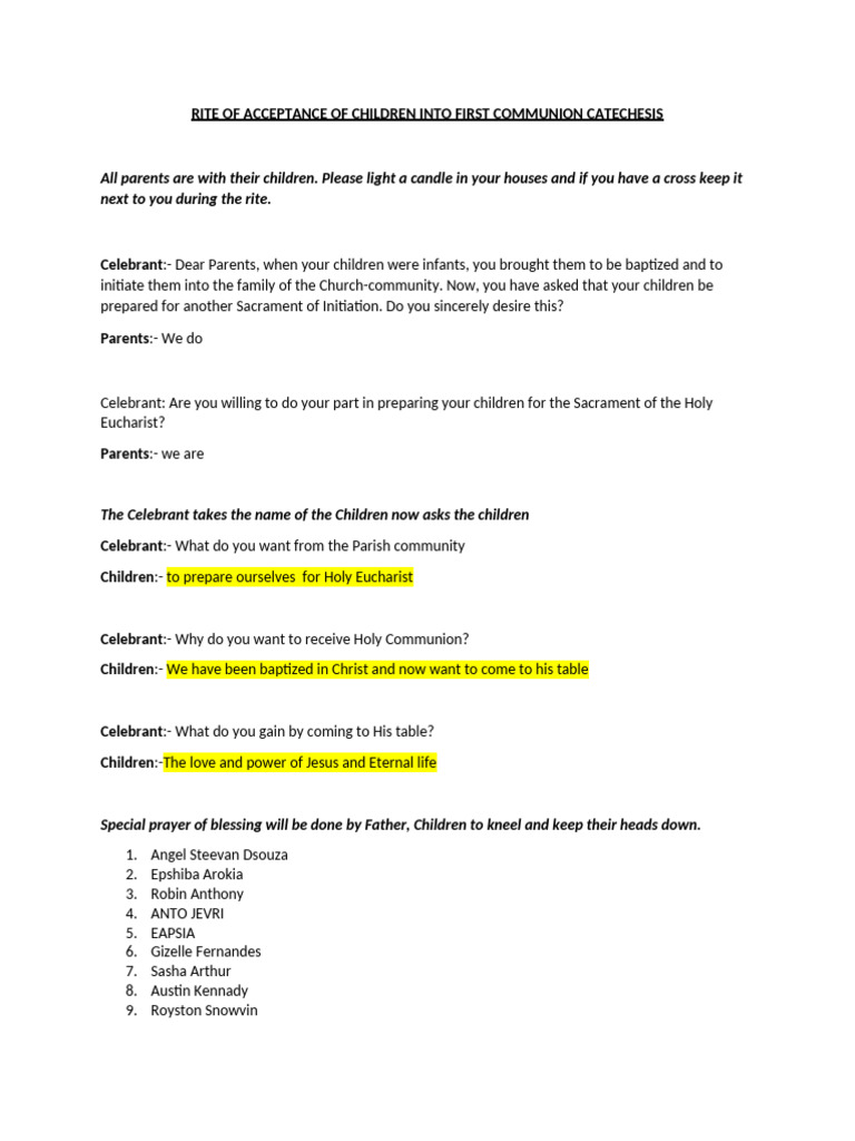 First Communion Catechesis Acceptance Rite | PDF | Eucharist | Prayer