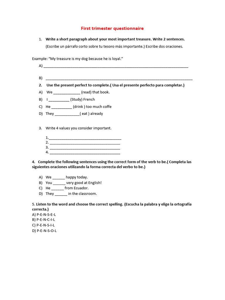 First Trimester Language Questionnaire | PDF | Chess Openings | Chess
