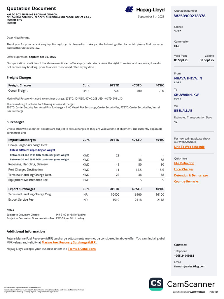 Hapag-Lloyd Shipping Quotation W250900238378 | PDF | Cargo | Fee