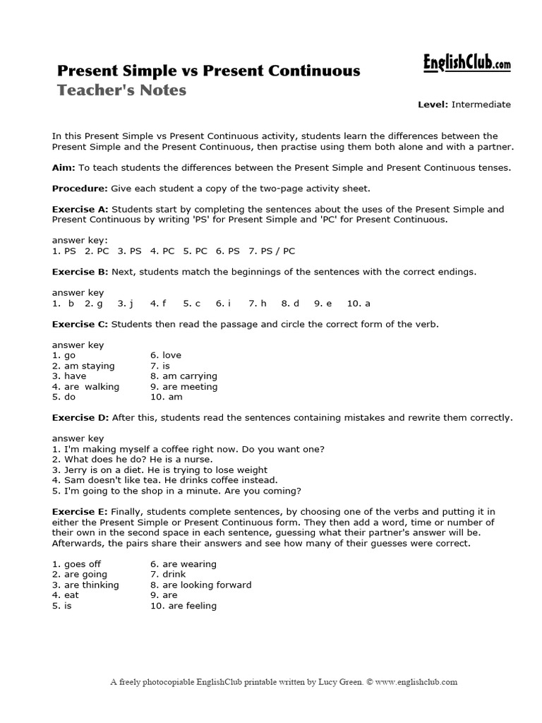 Present Simple vs Continuous Activity | PDF