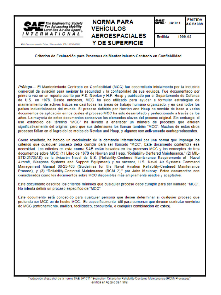 SAE - JA1011 - 1999 Criterios - Evalucacion - Procesos - de - RCM | PDF