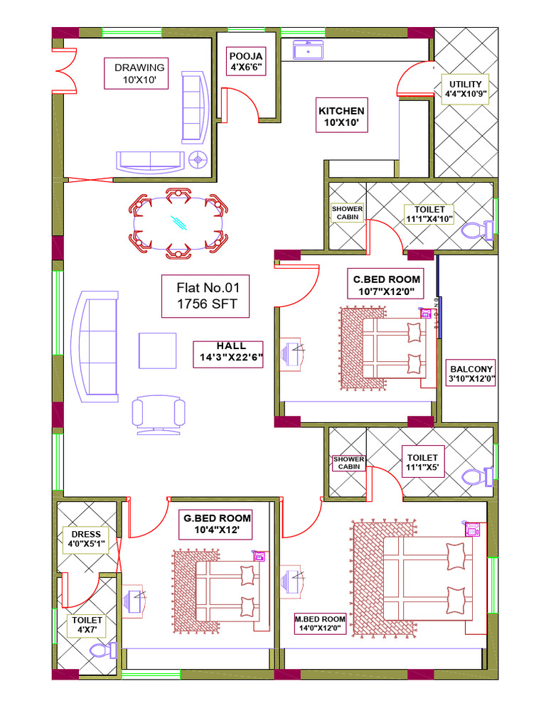 1756 SFT Flat Layout Plan | PDF
