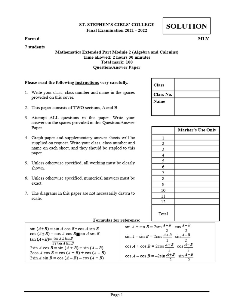 Form 6 Mathematics Exam Solutions 2021-22 | PDF | Asymptote | Mathematics