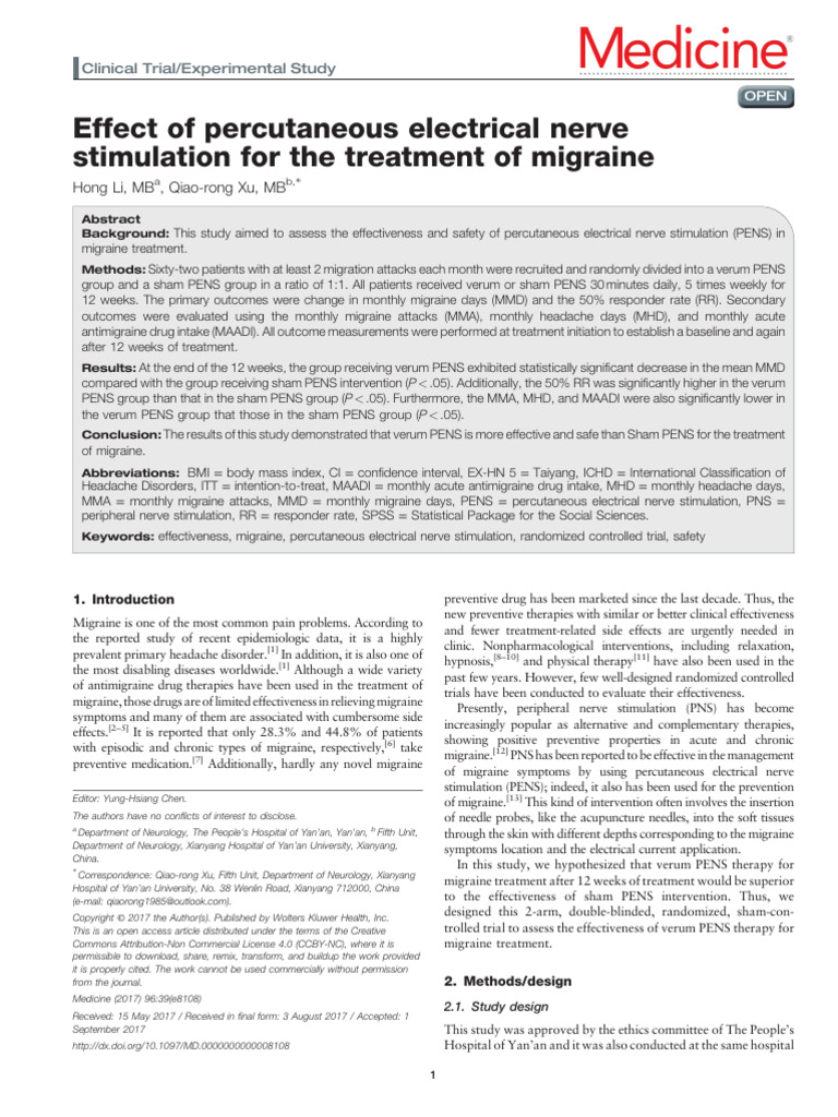 Efficacy of PENS in Migraine Treatment | PDF | Migraine | Medical ...