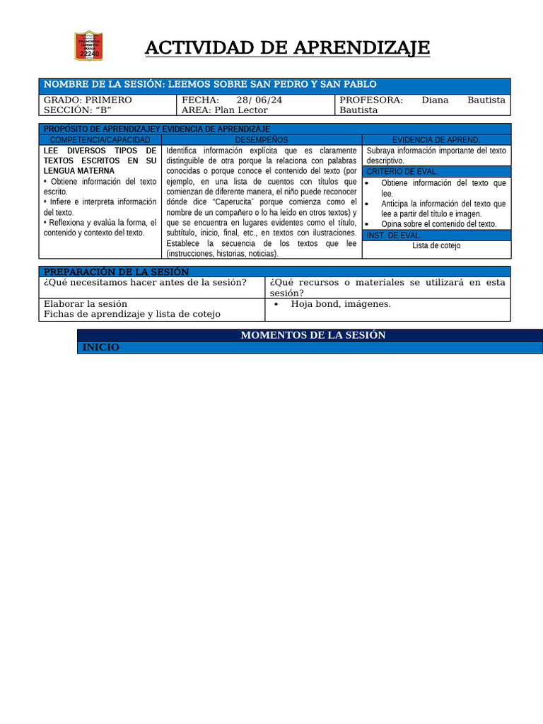 Actividad de Aprendizaje - Plan Lector | PDF | San Pedro | Papa