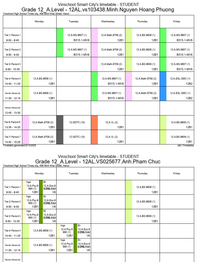 2025.08.13.timetable Student G12al Sy25.26 | PDF | Vietnam