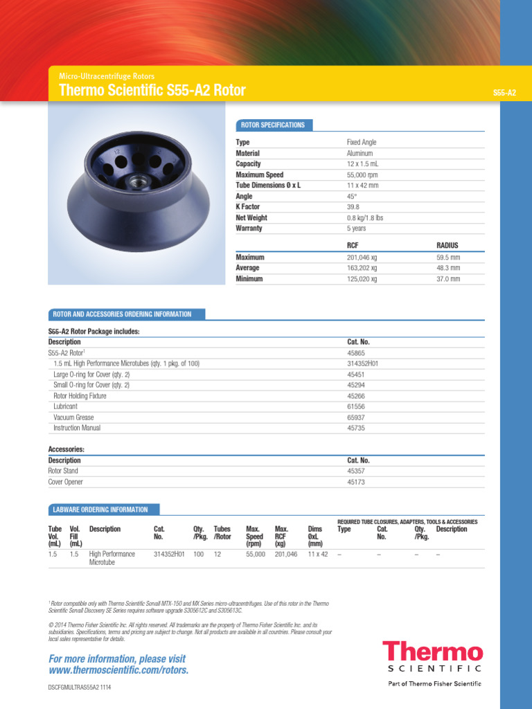Thermo Scientific S55-A2 Rotor Specs | PDF
