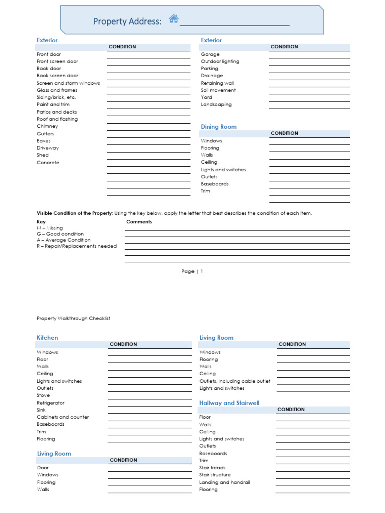 Property Condition Walkthrough Checklist | PDF | Bathroom | Basement
