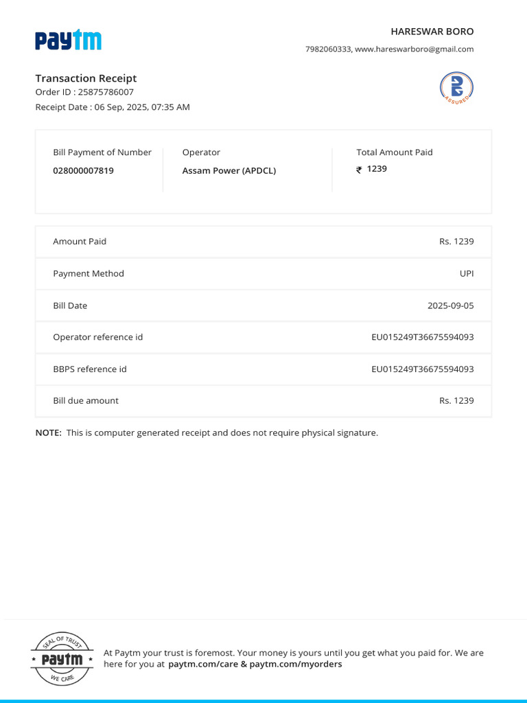 Wifi Bill Payment Receipt | PDF