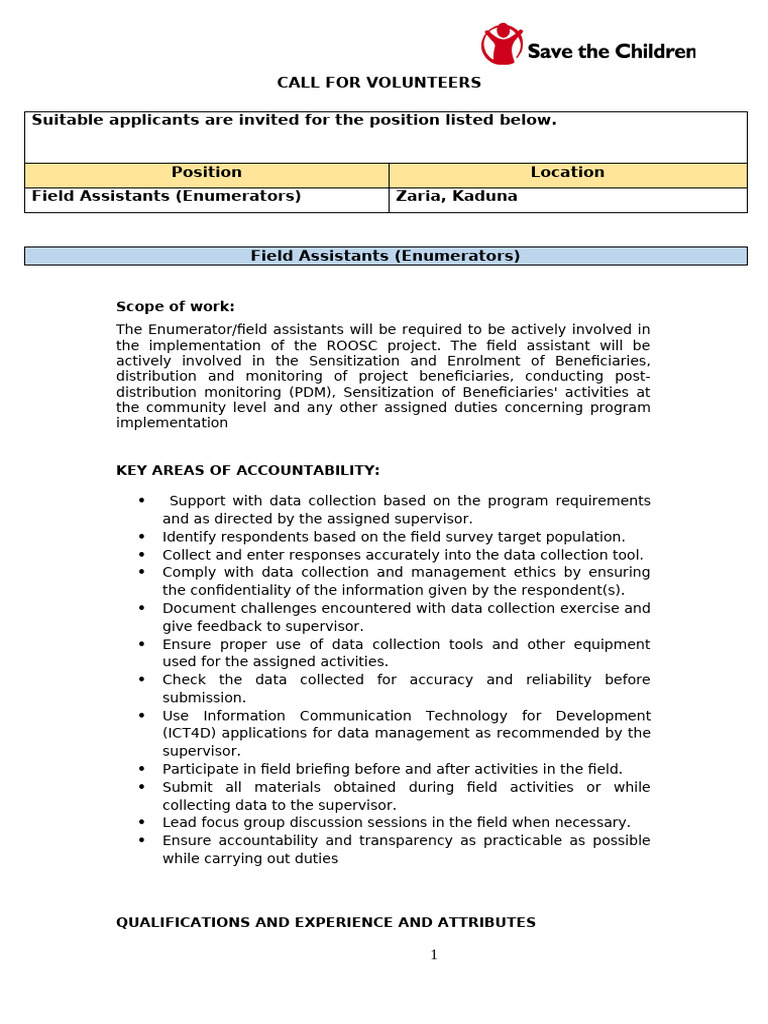 Volunteer Field Assistants Needed in Zaria | PDF | Data Collection