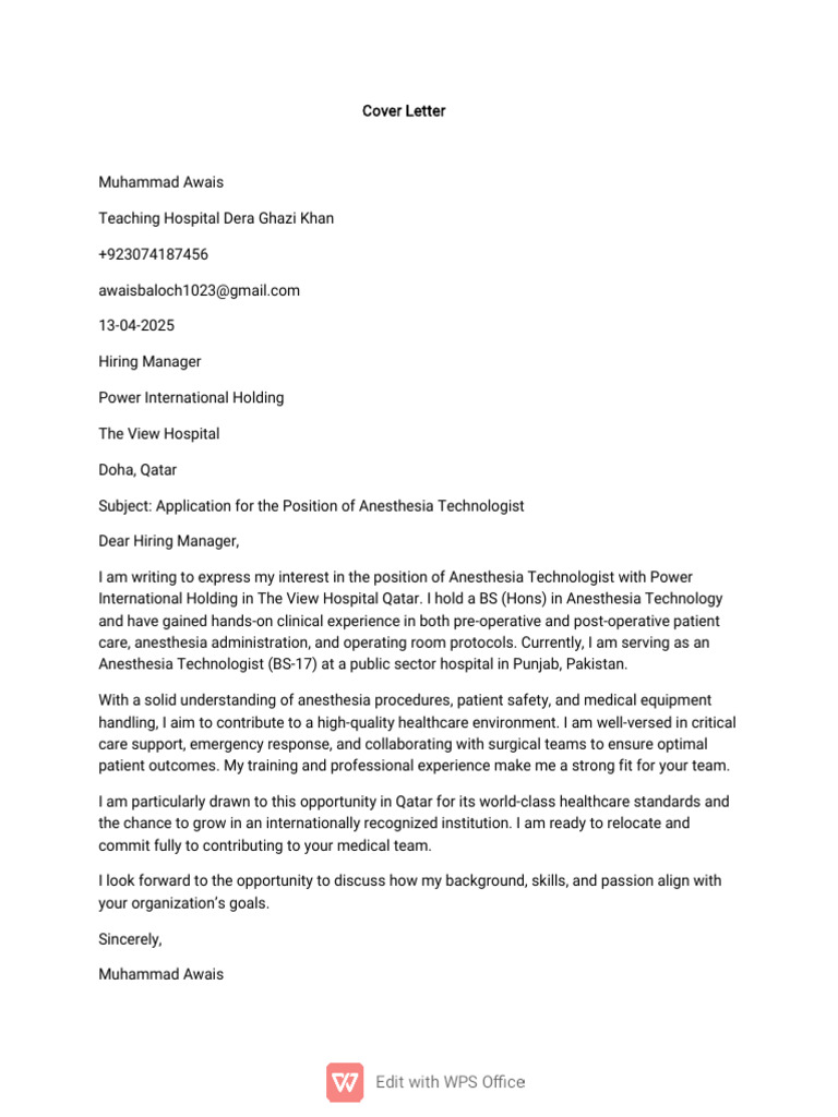 Anesthesia Technologist Cover Letter | PDF