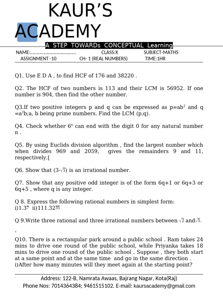 Class 10 Maths Assignment on Real Numbers | PDF
