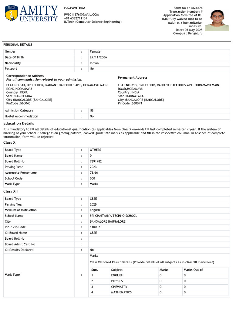 B.Tech Admission Application Details | PDF | Educational Stages ...