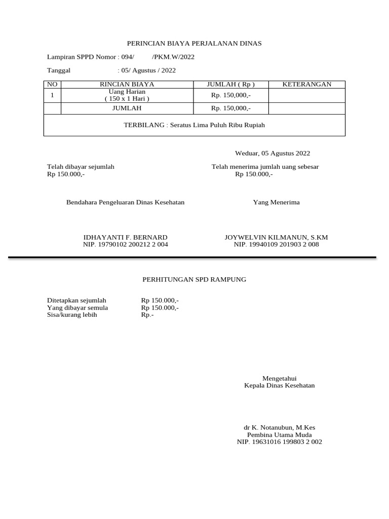 Perincian Biaya Perjalanan Dinas | PDF