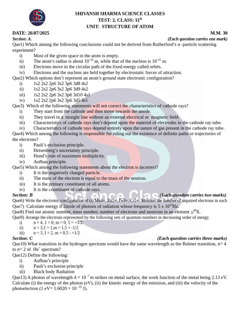 Class 11 Atom Structure Test Questions | PDF | Electron | Atoms