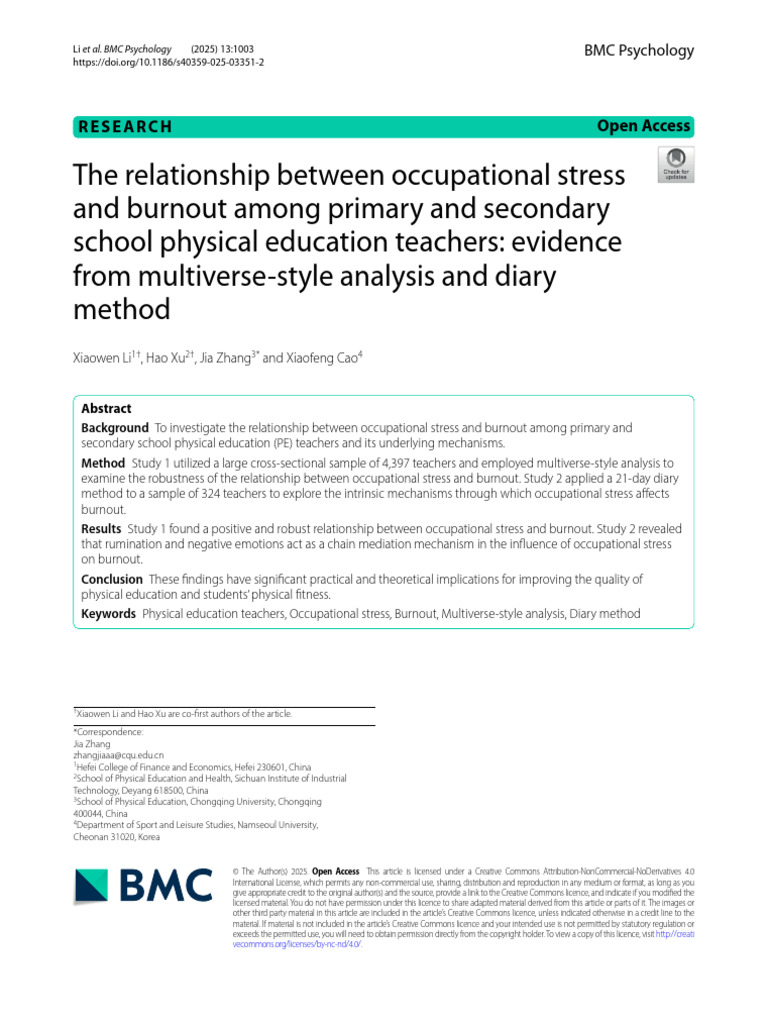 Occupational Stress and Burnout in PE Teachers | PDF | Occupational ...