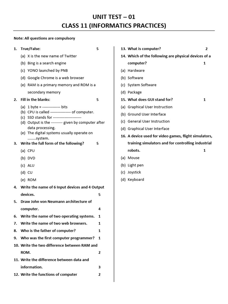 Class 11 Informatics Practices Test | PDF | Graphical User Interfaces ...