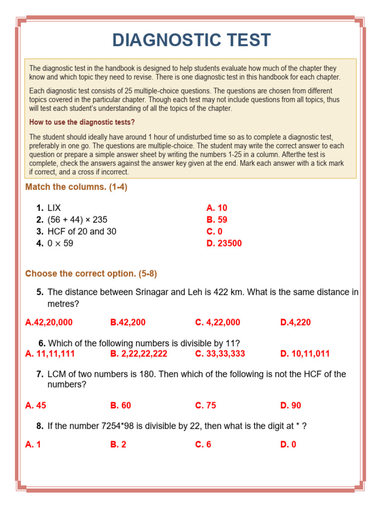 Diagnostic Test for Math Concepts | PDF | Multiple Choice | Mathematics
