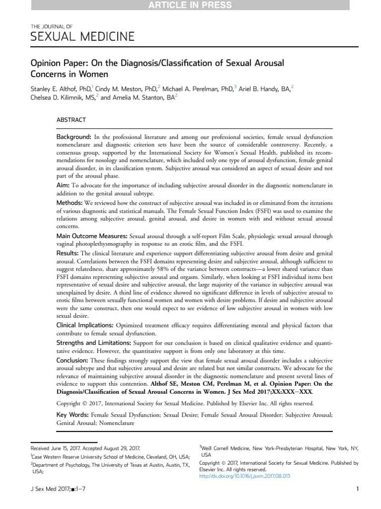 Subjective Arousal in Female Dysfunction | PDF | Sexual Arousal ...