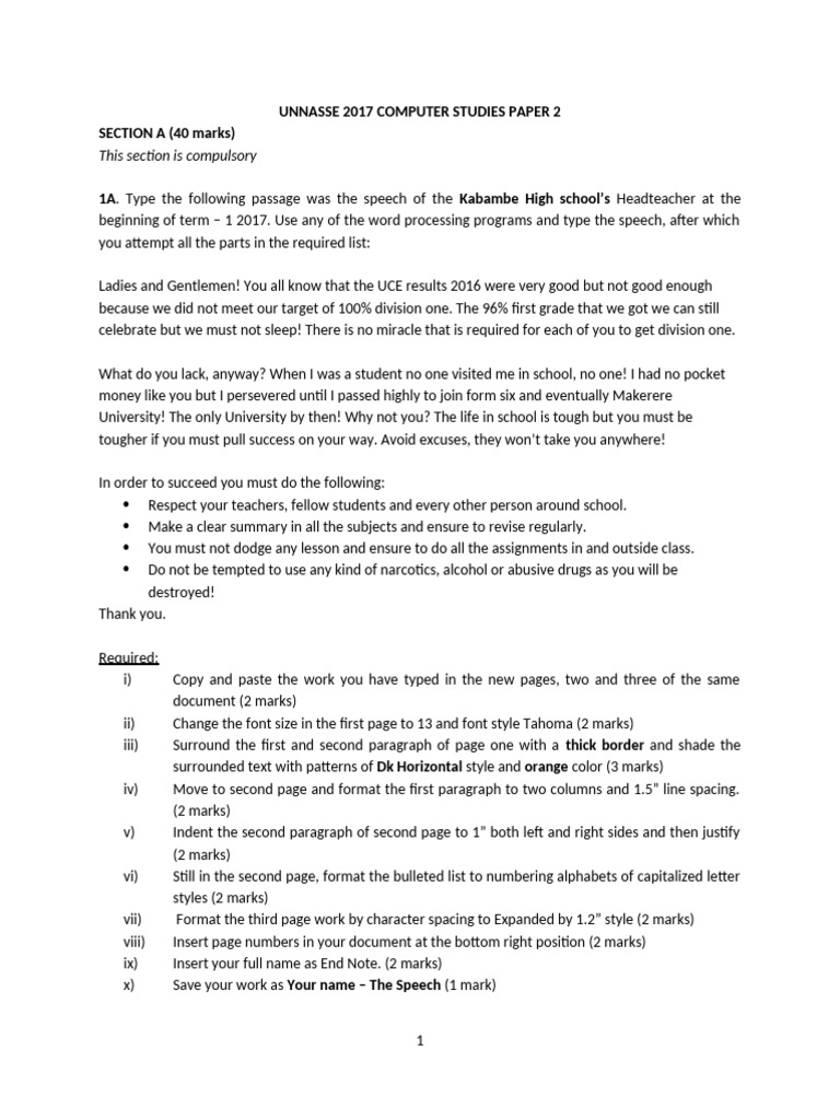 UNNASSE 2017 Computer Studies Exam Guide | PDF | Paragraph | Computing