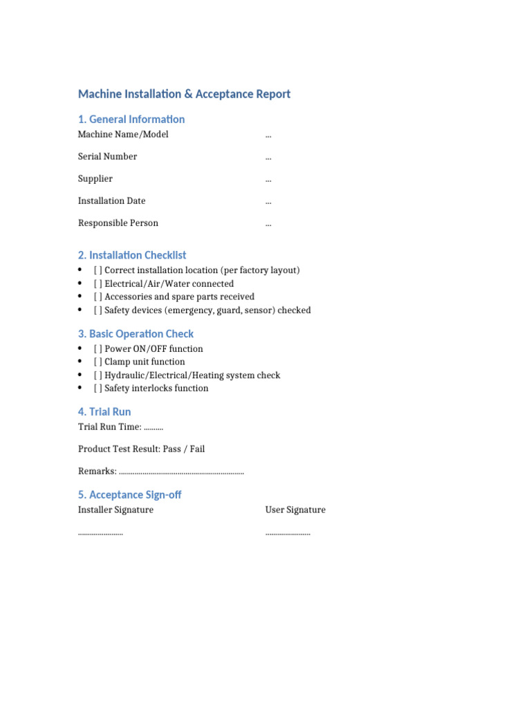 Machine Installation & Acceptance Report | PDF