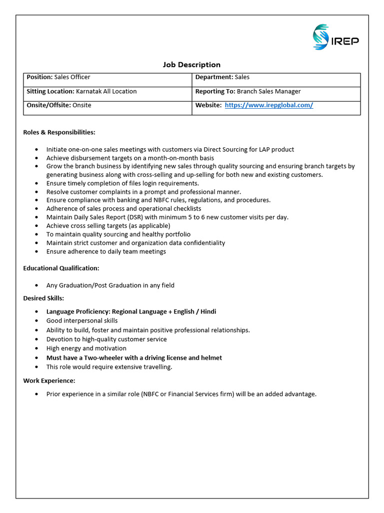 Sales Officer Job Opening in Karnataka | PDF