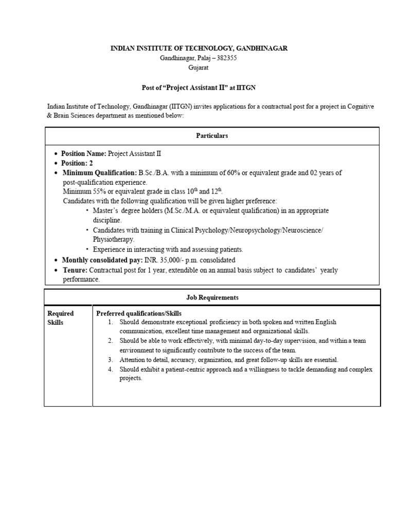 Project Assistant II Position at IITGN | PDF | Neuropsychology | Psychology