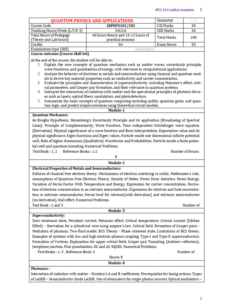 Quantum Physics and Applications Syllabus | PDF | Wave Function ...