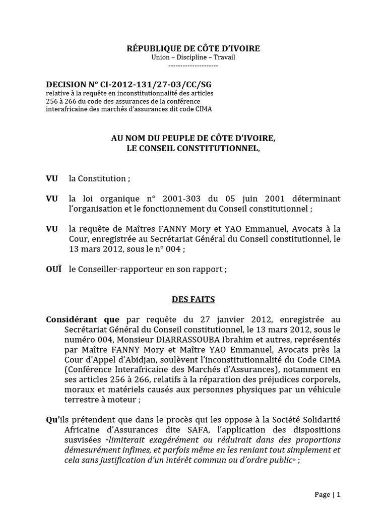 Inconstitutionnalité du Code CIMA en Côte d'Ivoire | PDF | Loi | Traité