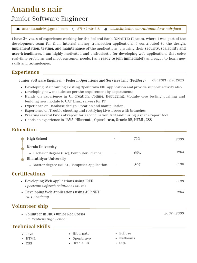 Junior Software Engineer Profile - Anandu Nair | PDF