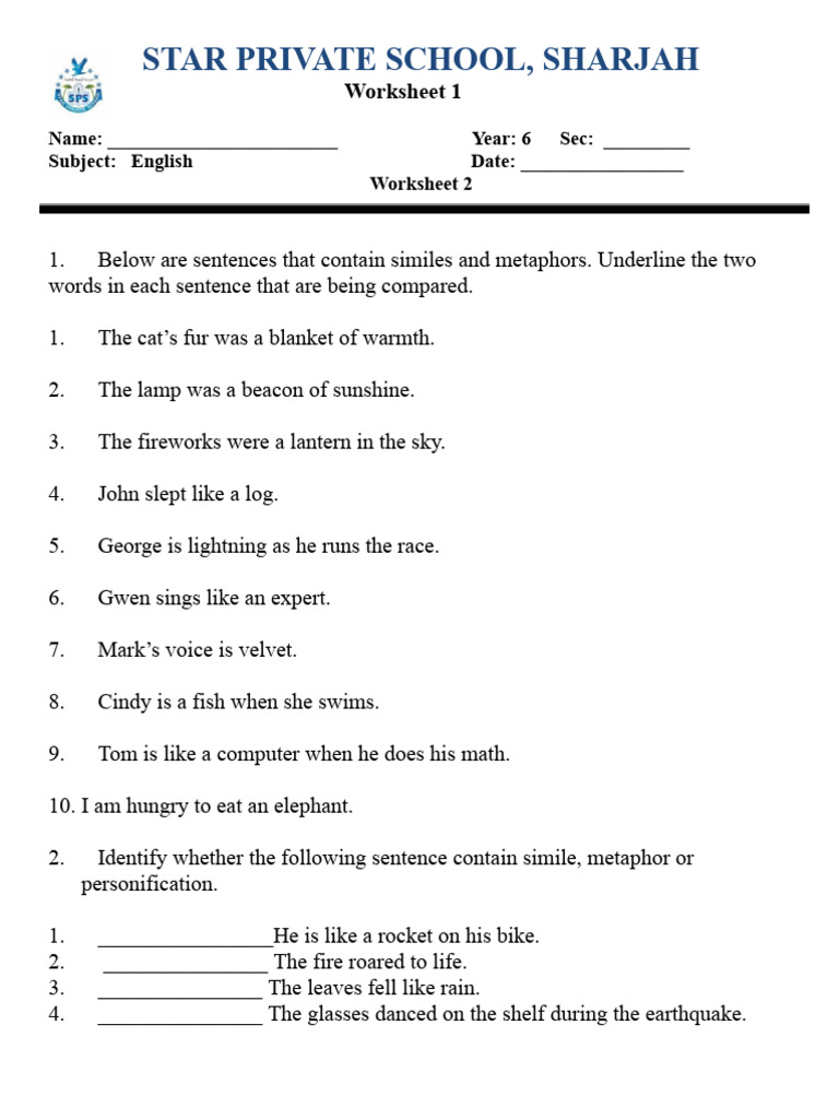 Figurative Language Worksheet for 6th Grade | PDF