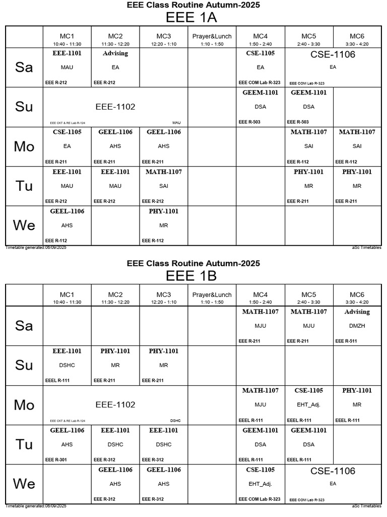 EEE Class Timetable Autumn 2025 | PDF