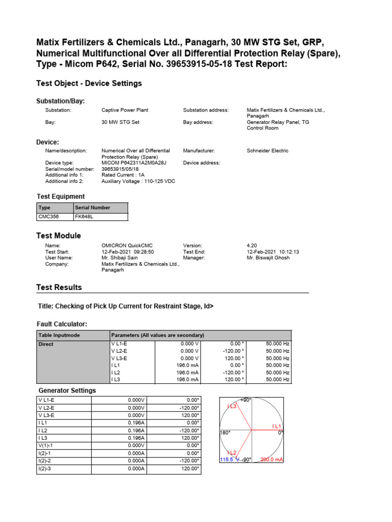 Micom P642 Relay Test Report - Matix | PDF | Transformer | Electrical ...
