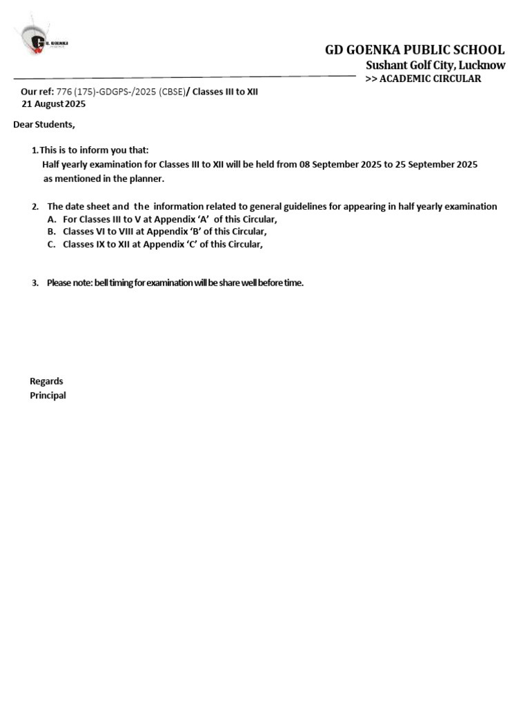 Half Yearly Exam Schedule 2025 | PDF | Science