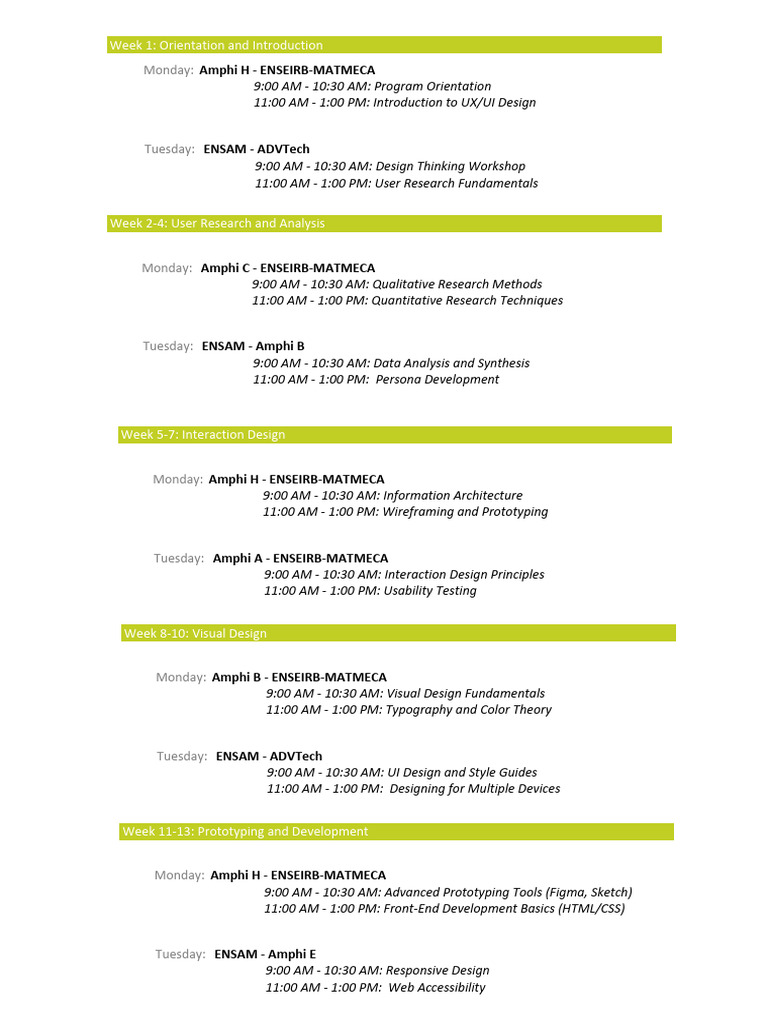 UX/UI Design Course Schedule Overview | PDF