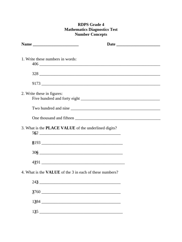 Diagnostics Test - Num Concepts g4 | PDF