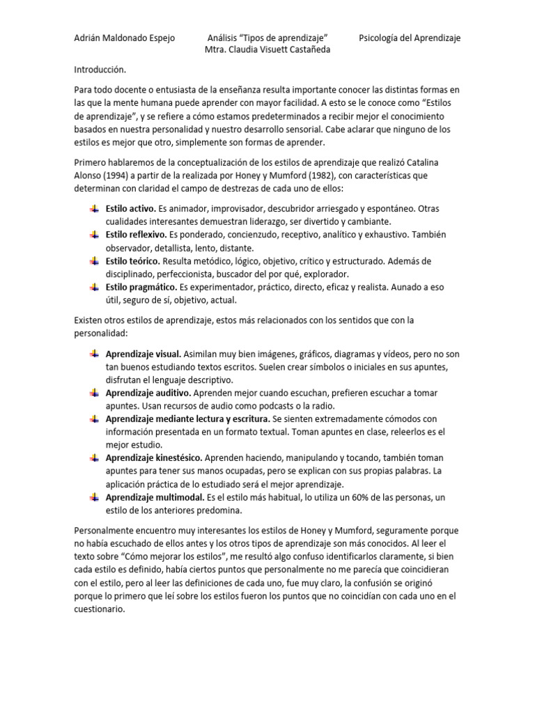 Tipos de Aprendizaje y Estilos Cognitivos | PDF | Aprendizaje | Ciencia ...