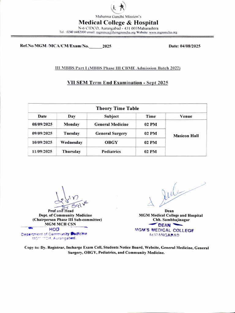 MGM Medical College MBBS Exam Schedule | PDF | Medical School | Science ...