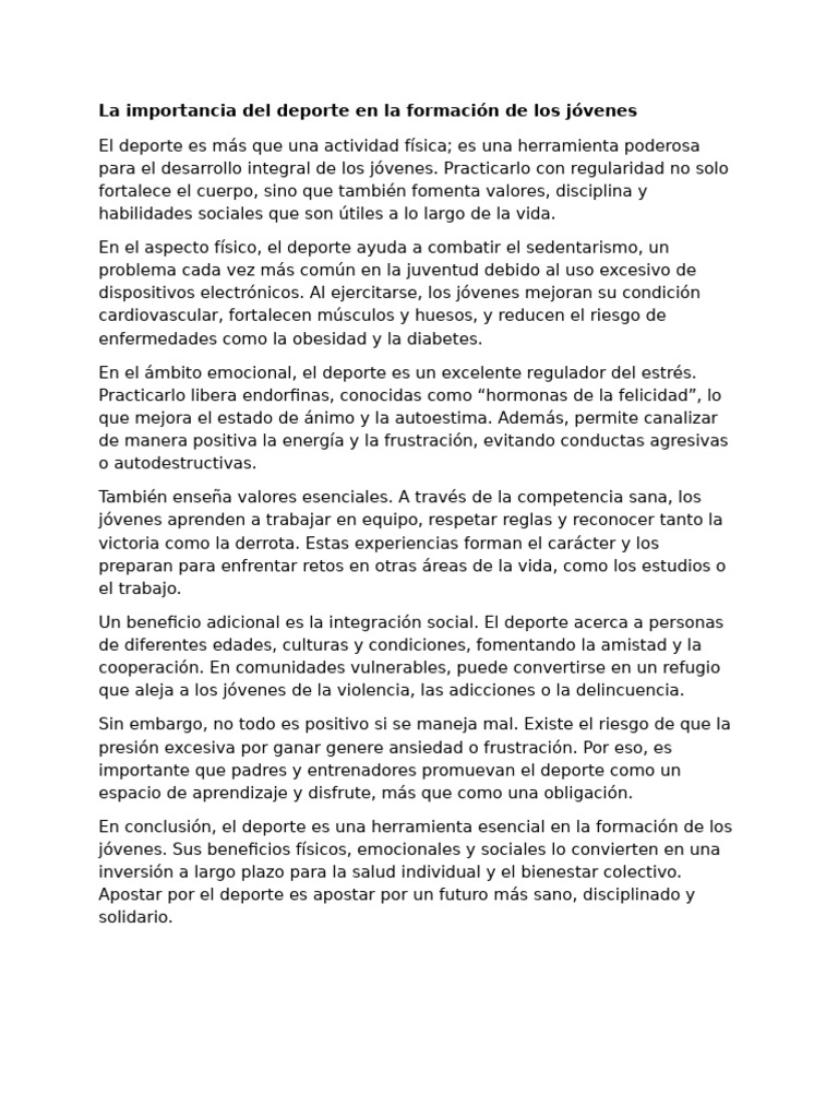 La Importancia Del Deporte en La Formación de Los Jóvenes | PDF