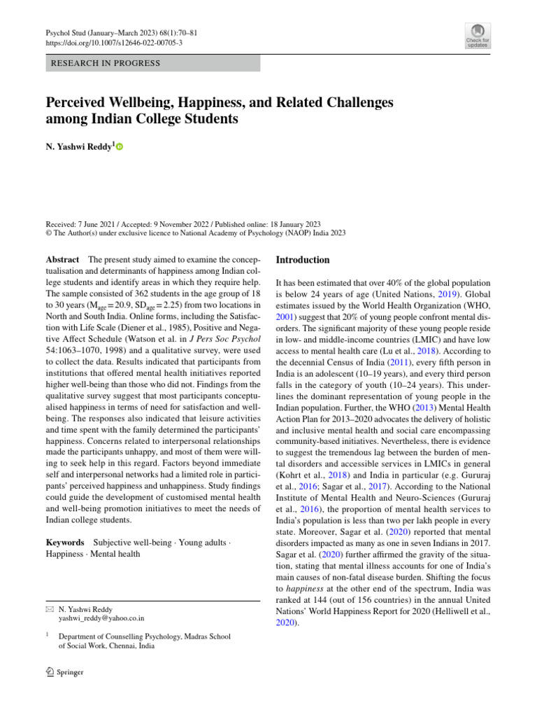 Wellbeing and Happiness in Indian Students | PDF | Mental Health | Well ...
