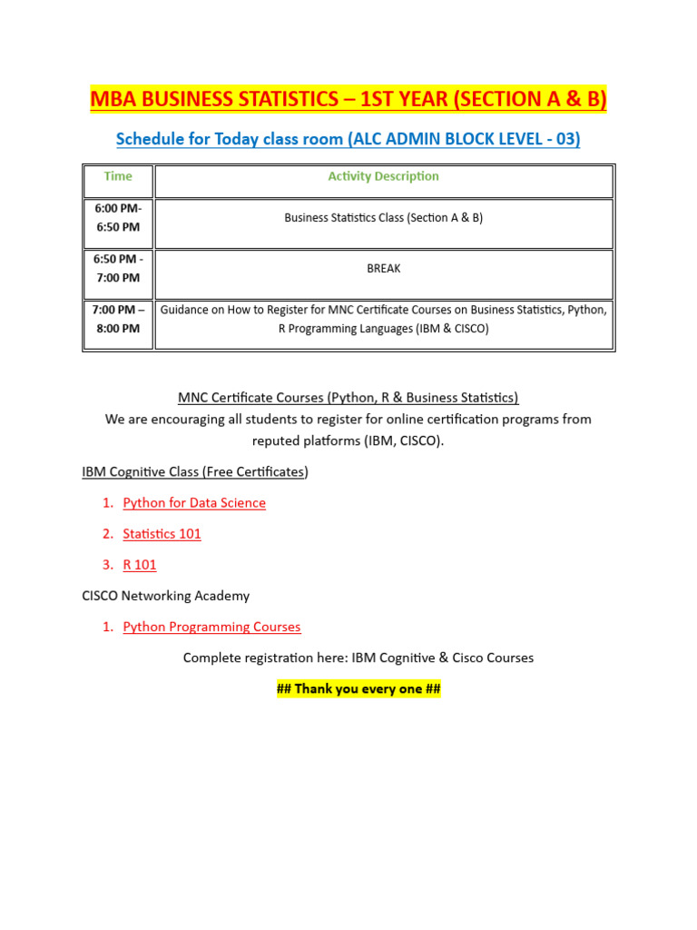 MBA Business Statistics Class Schedule | PDF