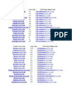 Country Area Code Area Code Call Using Calling Cards